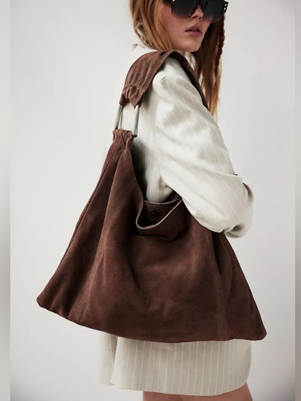 Free People Brown Suede Bobbi Slouch Tote Bag Handbag